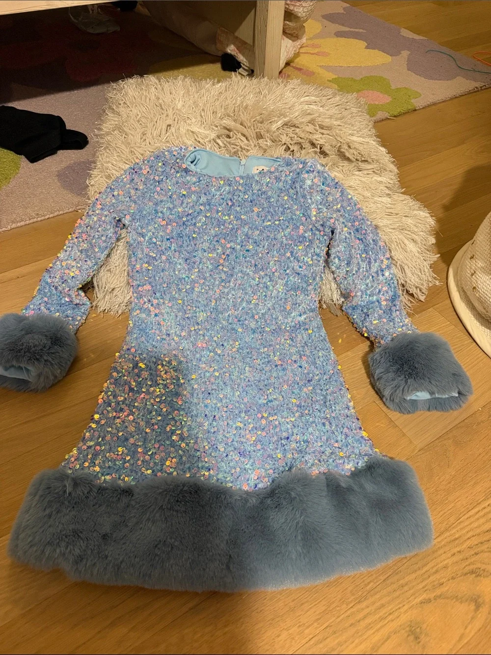 Lola + The Boys Blue Sequin and Faux-Fur Trim Dress